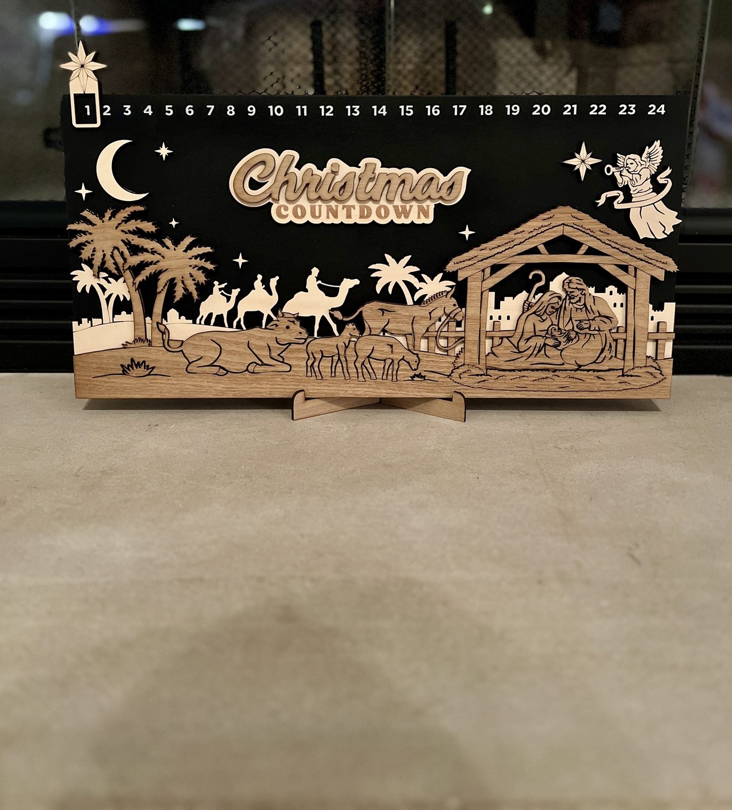 Wooden laser-cut Christmas countdown nativity scene