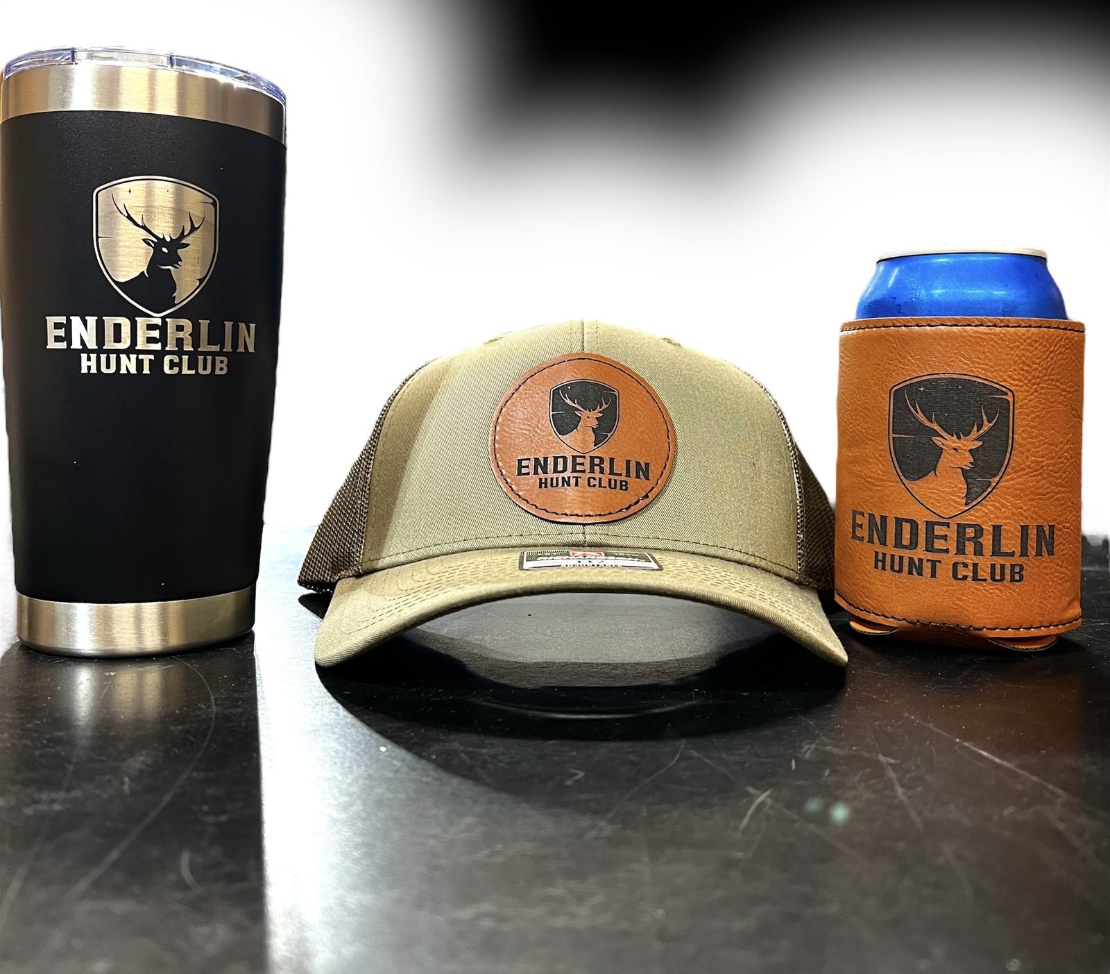 Custom Enderlin Hunt Club tumbler hat and leather can cooler