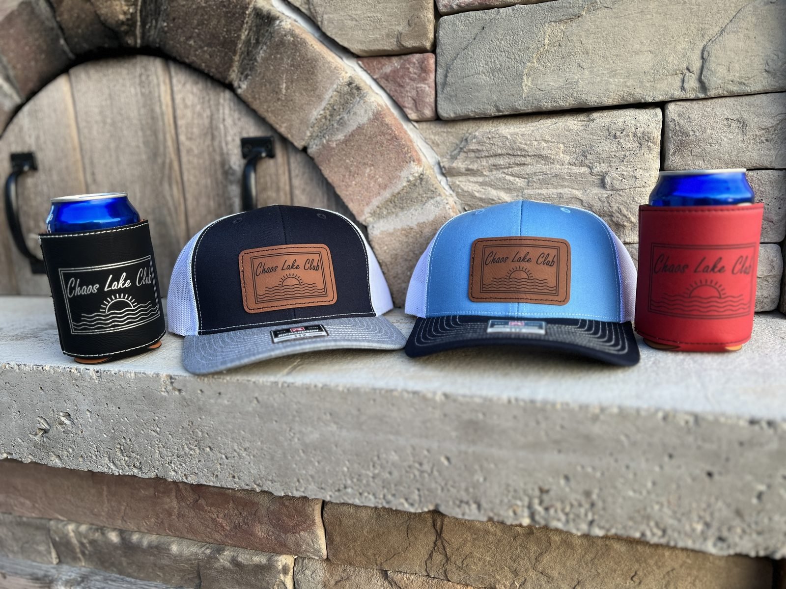Coordinated Chaos Lake Club hats and engraved can coolers