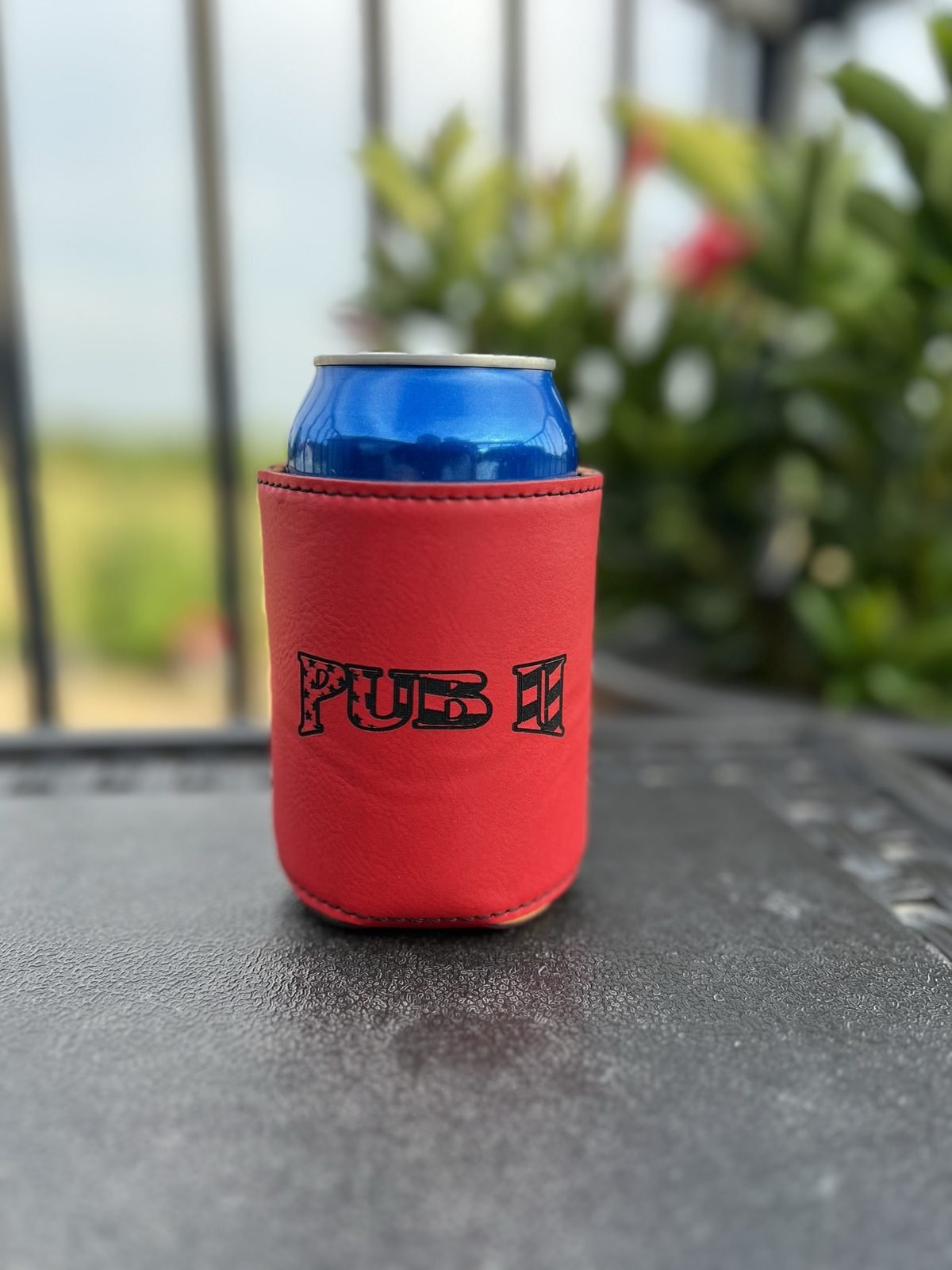 Red leather Pub II engraved can cooler
