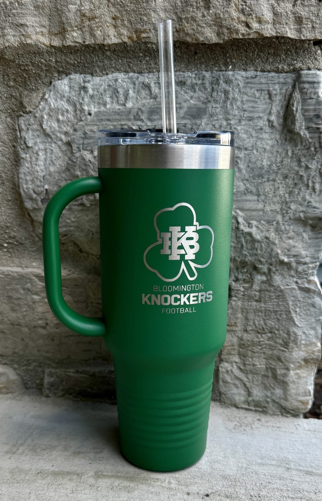 Green Bloomington Knockers engraved handled tumbler