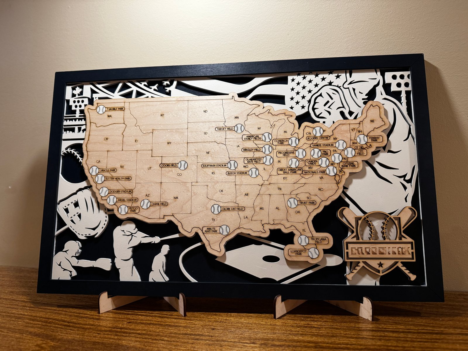 Layered wooden baseball stadium map and display piece