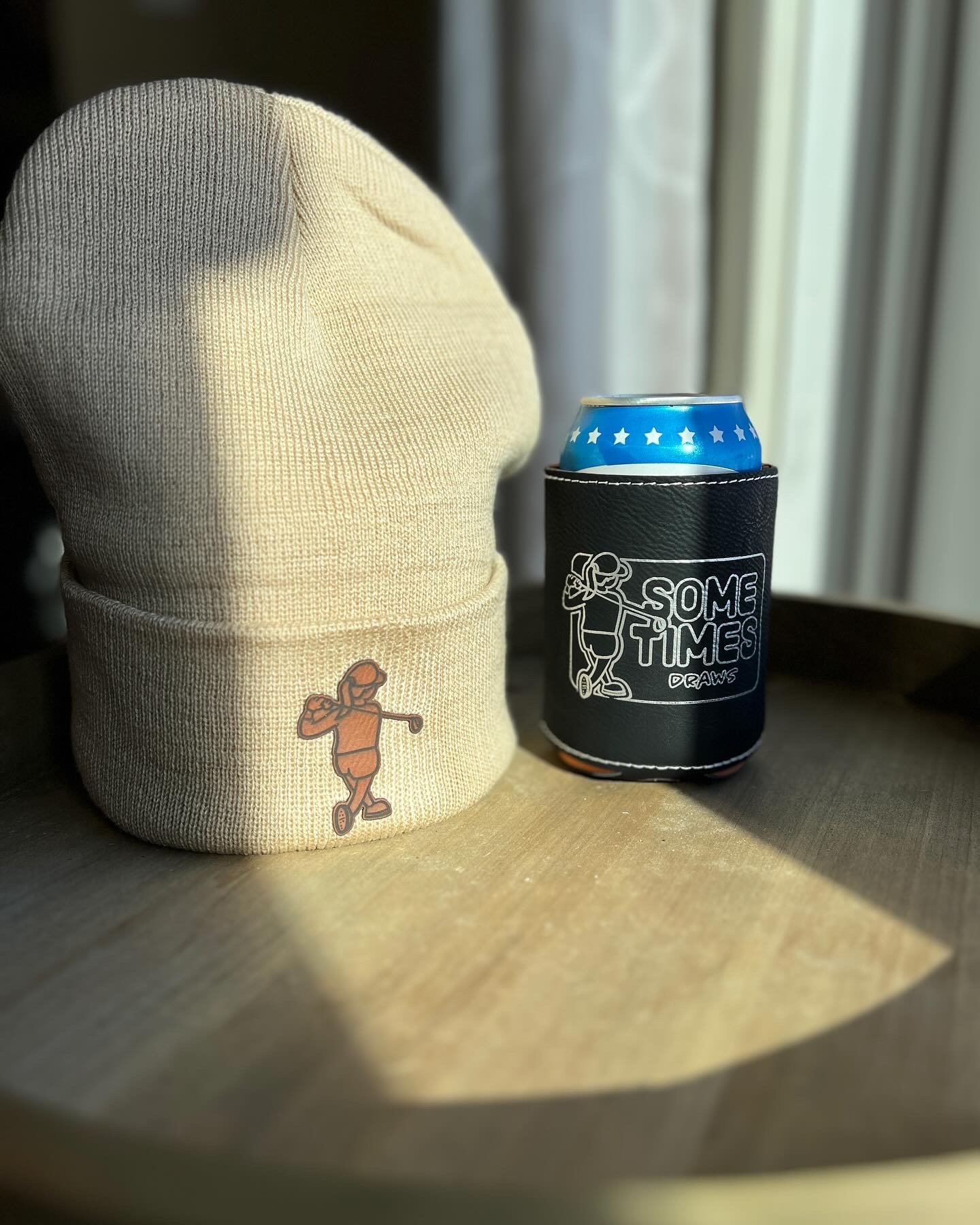 Coordinated custom knit cap and engraved beverage cooler